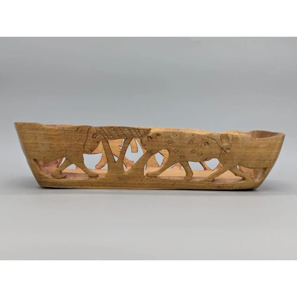 Safari African Hand Carved Wood Fruit Food Decorative Basket 14” Vintage